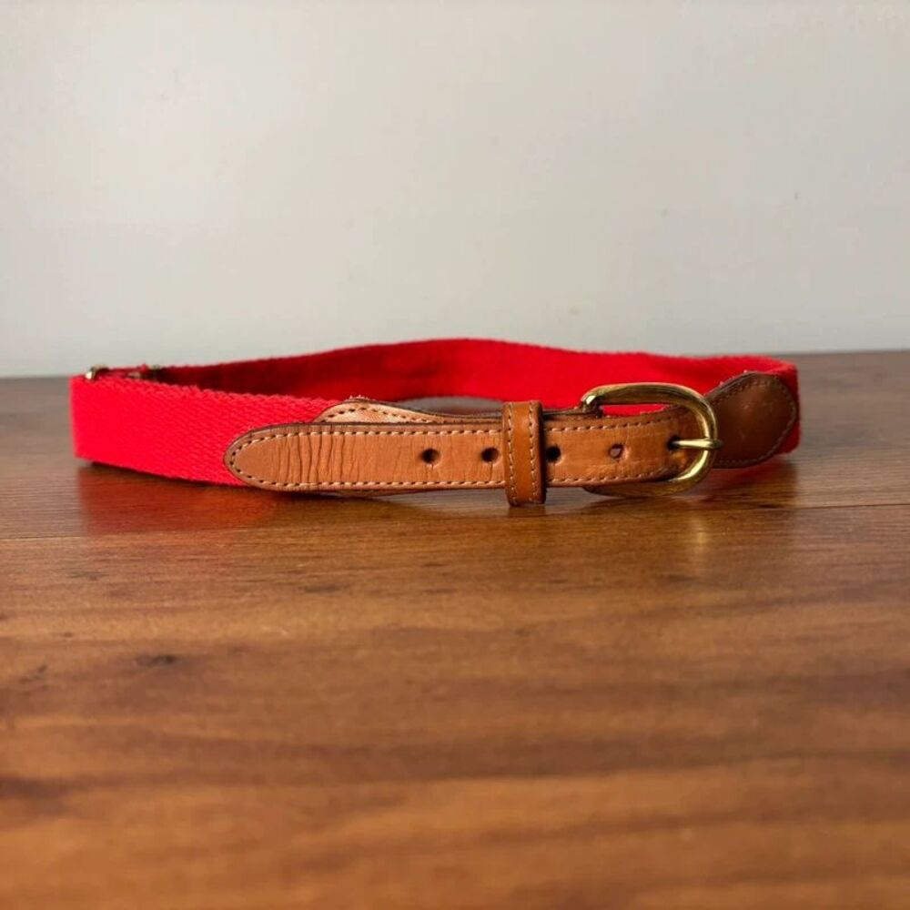 Lands' End VTG 90s Red Canvas Leather Trim Belt Solid Brass Buckle Youth M